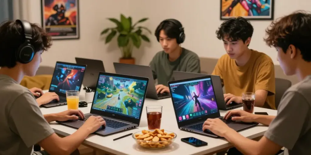 Komunitas bermain game online di laptop betslots88 dengan suasana hangat dan makanan ringan di meja.