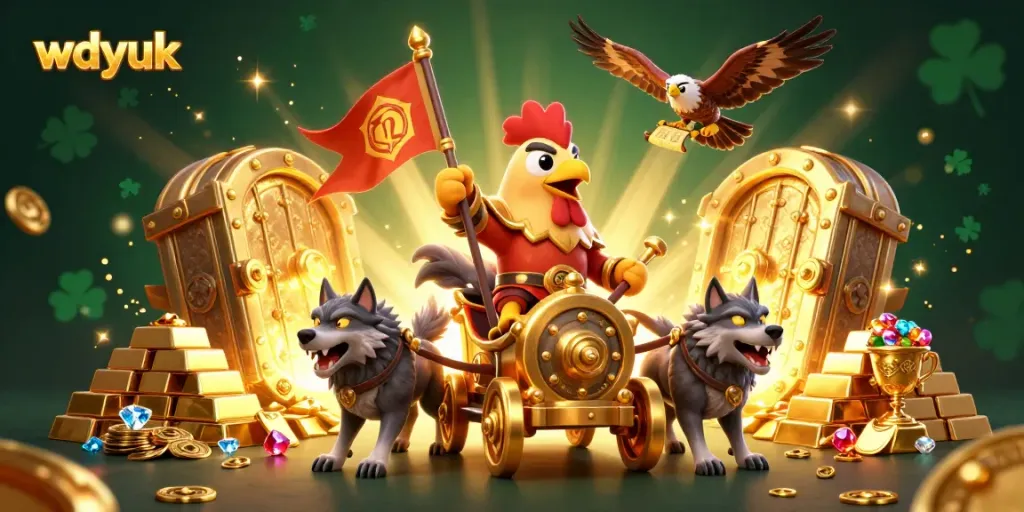 Engage with wdyuk in a thrilling 3D scene featuring a rooster warlord, golden treasures, and gaming excitement.