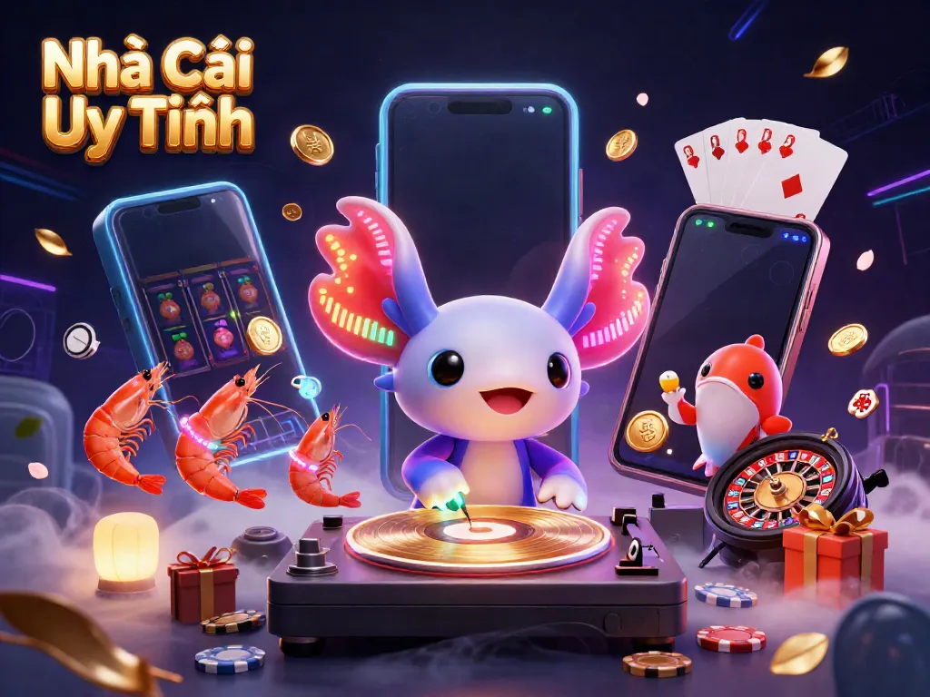 Engaging illustration of Nhà Cái Uy Tín featuring a neon axolotl DJ and dynamic gambling elements.