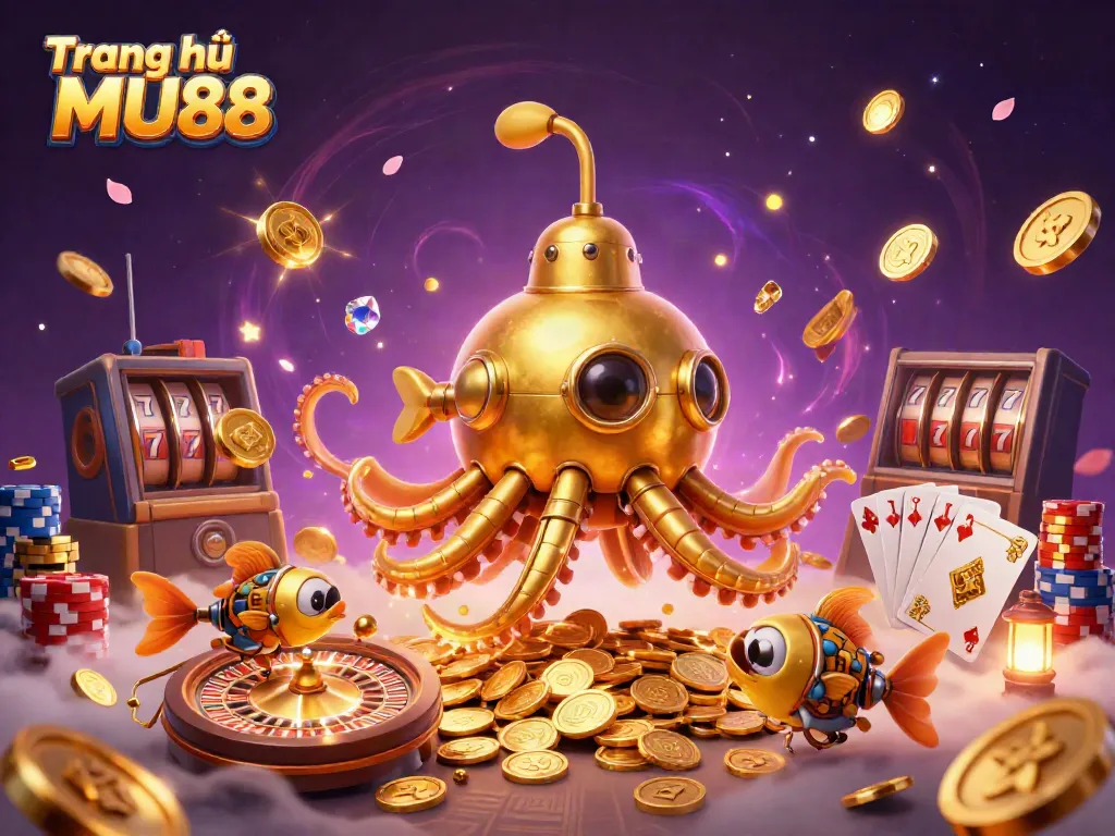 Experience thrilling wins at Trang chủ MU88 with the dynamic golden kraken submarine and vibrant casino elements.