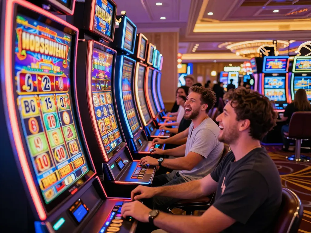 Players celebrating a jackpot win at NEGO77's vibrant slot machines, capturing the casino's thrilling atmosphere.