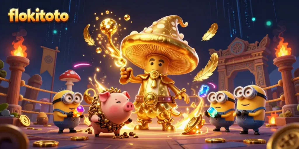 Experience the magic of flokitoto with golden treasures and enchanting characters in a lively casino scene.