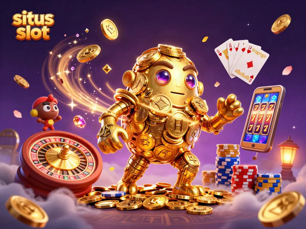 Menggugah semangat pemain situs slot dengan ilustrasi golem emas yang dikelilingi jackpot, koin, dan efek cahaya.