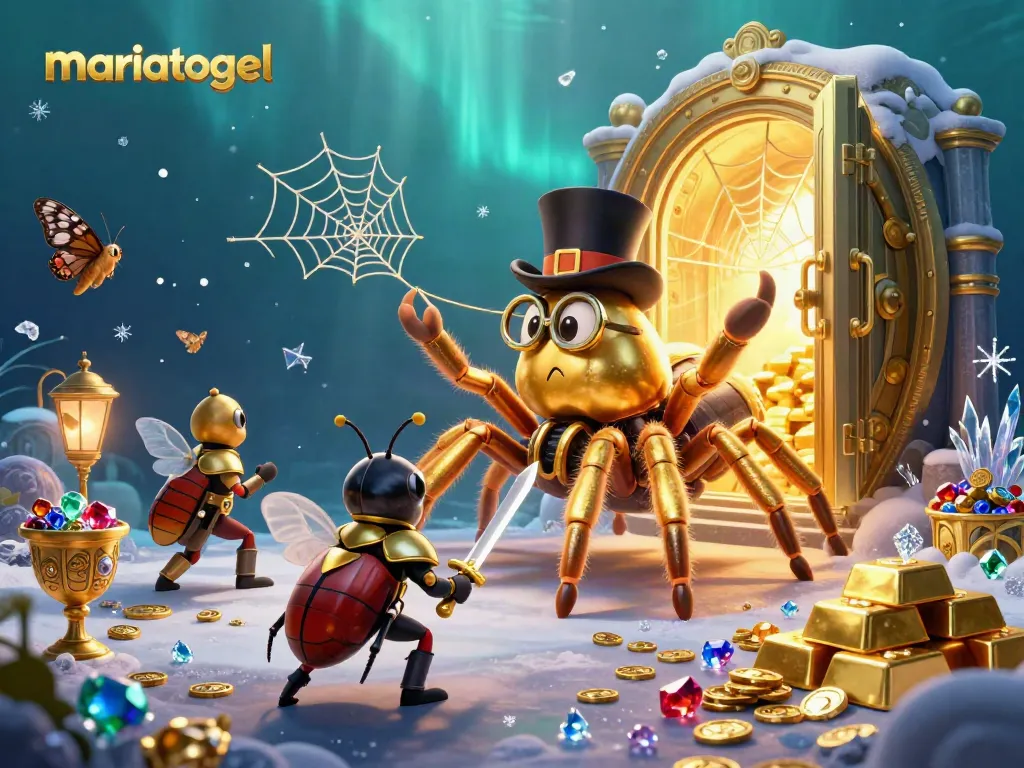Experience the vibrant thrill of mariatogel with a cartoon scene of a golden tarantula and beetle knight amidst treasures.