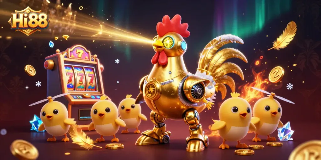 Engage in the thrilling slot experience at Hi 88 with golden rooster robot and vibrant game elements.