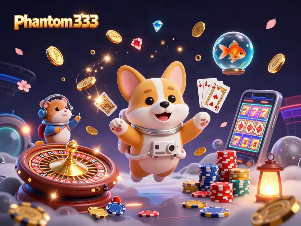 Experience thrilling casino adventures with phantom333 featuring a 3D cartoon astronaut corgi and vibrant game elements.