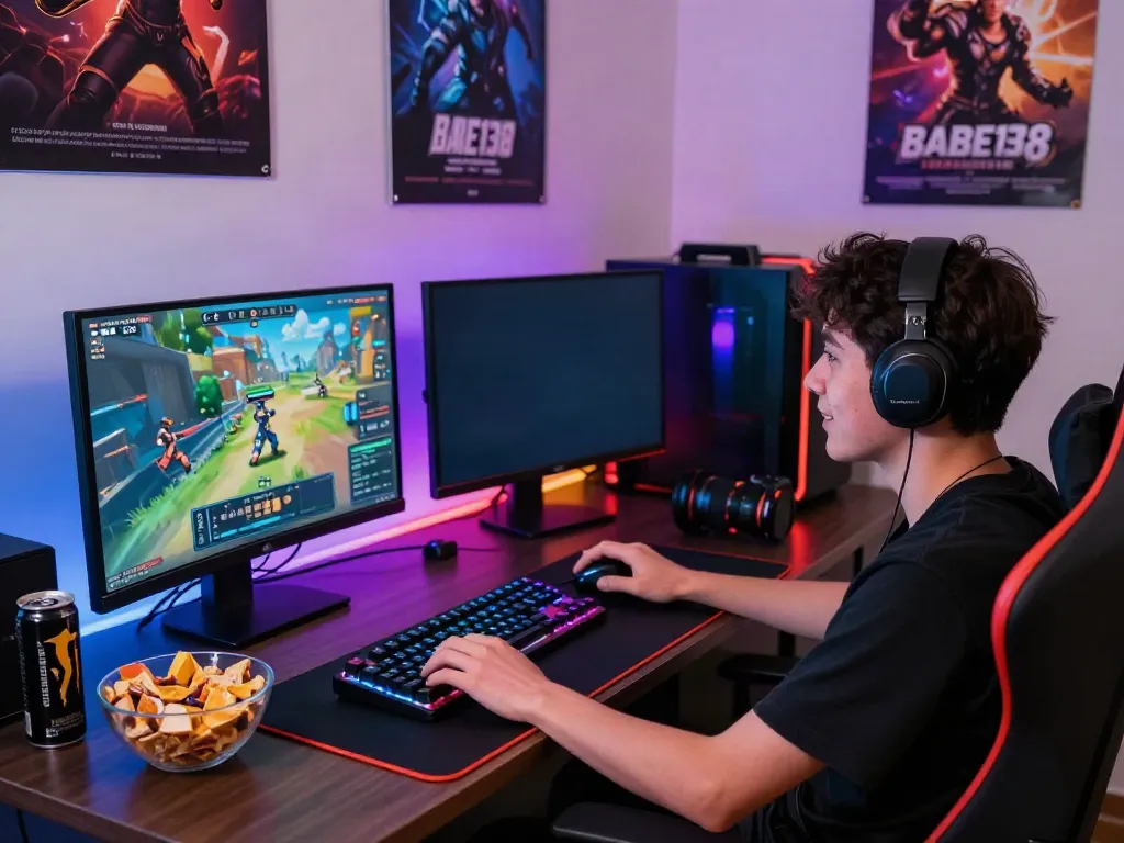 Penggemar BABE138 bermain game online dengan semangat, dikelilingi perangkat gaming modern.