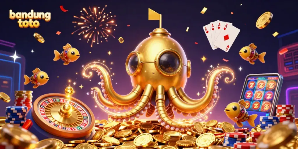 Win big with bandung toto: 3D colorful casino scene featuring a kraken submarine and golden coins