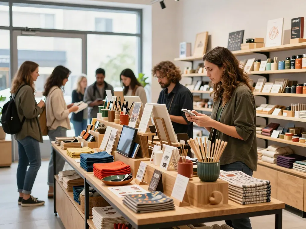 Produk displayed engagingly in a vibrant retail space attracting shoppers.