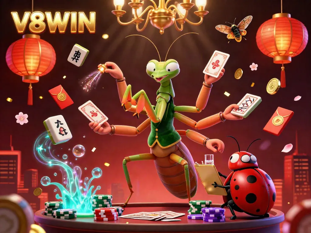 Experience dynamic gameplay at V8WIN with a whimsical casino scene featuring vibrant colors and exciting gaming elements.