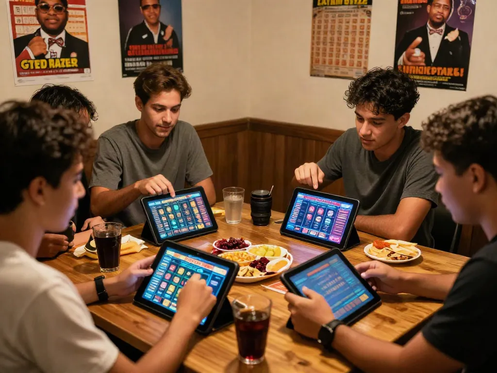 Teman berkumpul bermain dewitogel bersama di meja dengan tablet, camilan, dan minuman dalam suasana hangat.