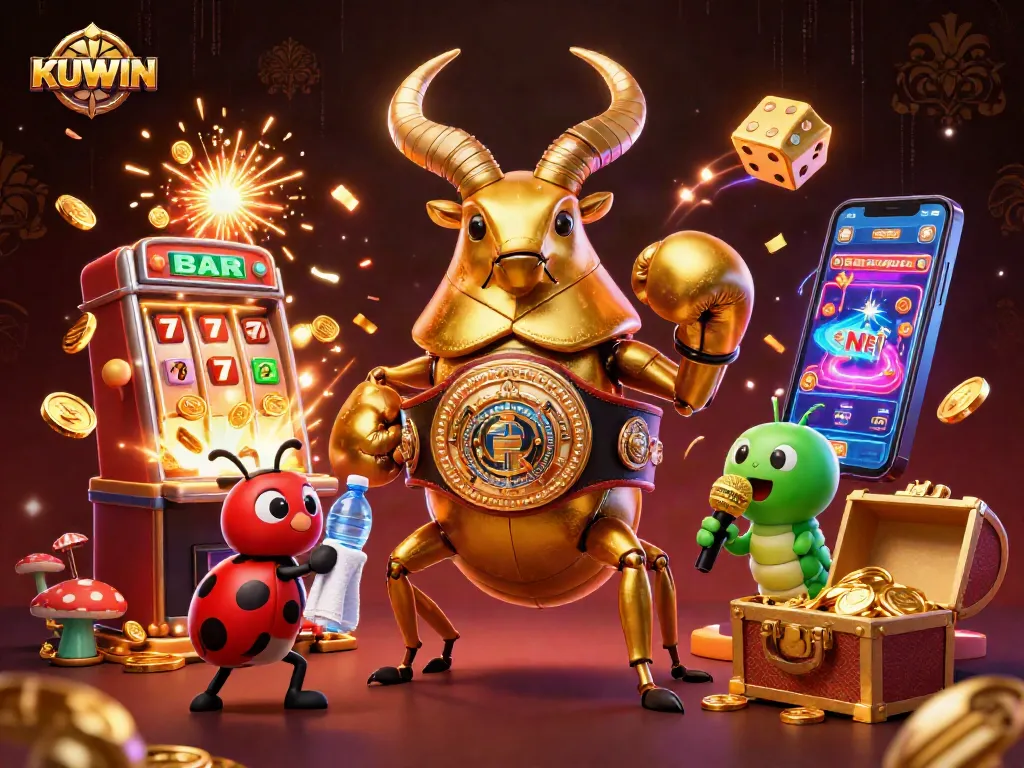 Spin to win with KUWIN in a vibrant casino showdown featuring dynamic characters and thrilling game elements.