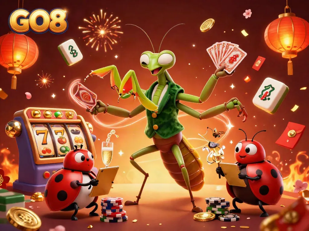 Engage with GO8's thrilling gaming atmosphere filled with vibrant characters and rich casino elements.