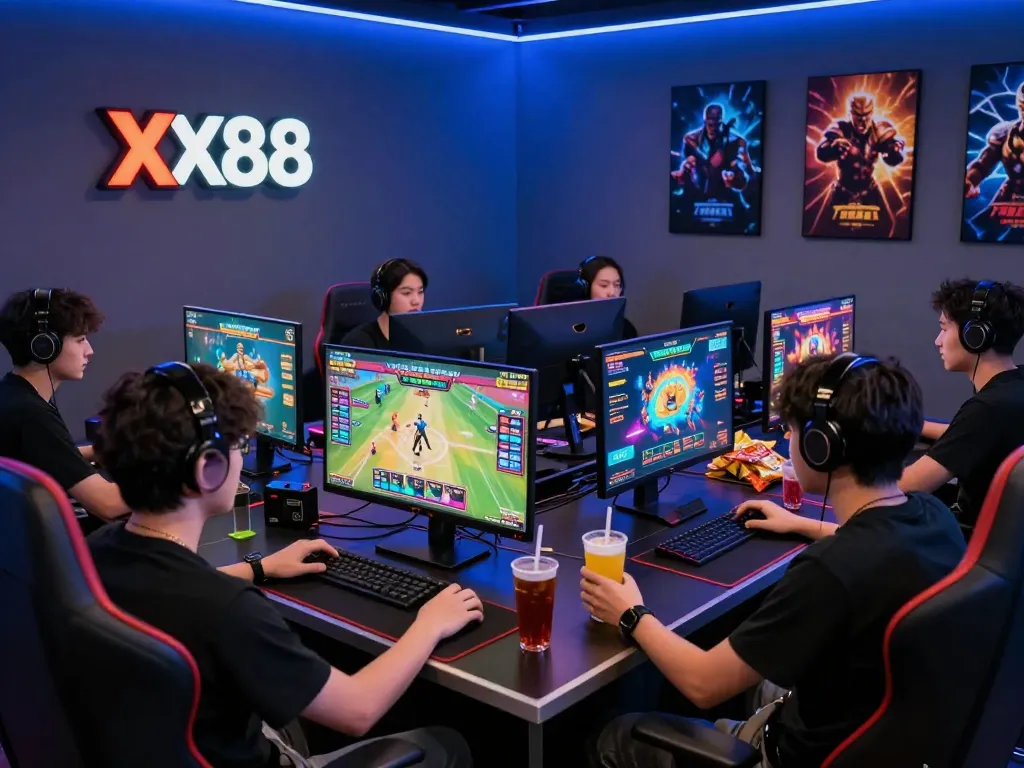Group of friends gaming enthusiastically at a digital platform showcasing XX88, with vibrant monitors and snacks, modern gaming atmosphere.