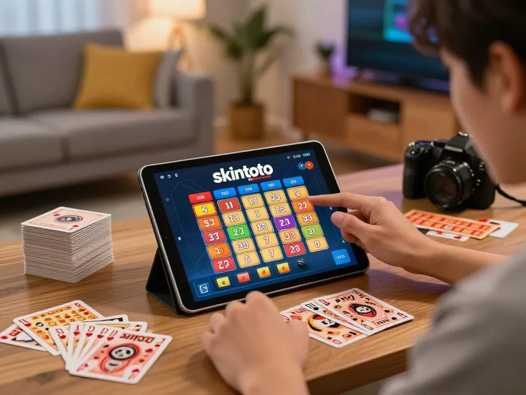 Pengguna skintoto bermain togel online dengan tablet di ruang tamu yang modern dan nyaman.