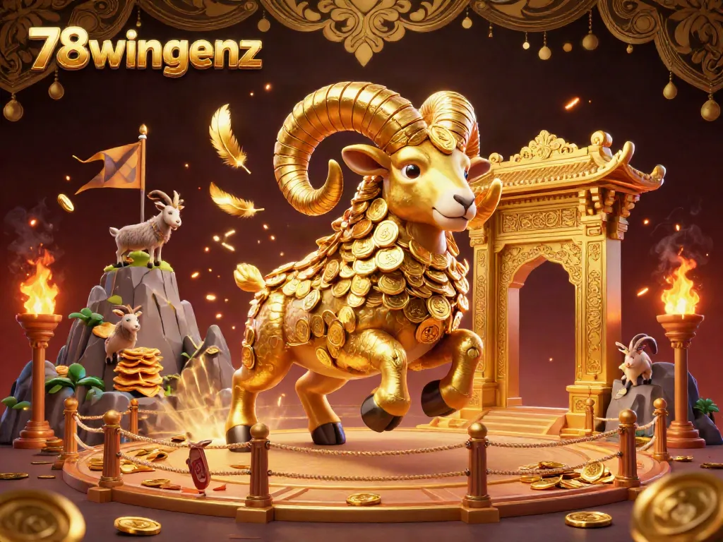 Capture the excitement at 78wingenz with a golden ram charging through a dynamic casino arena filled with coins and betting tokens.