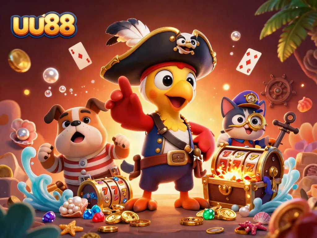 Engage with exciting slots at uu88, featuring dynamic pirate-themed characters and vibrant casino elements.