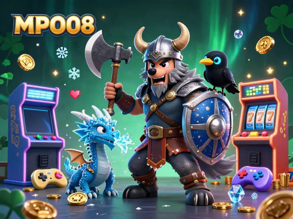 Join the thrilling world of MPO08 with a Viking warrior, fierce dragon, and interactive gaming elements.