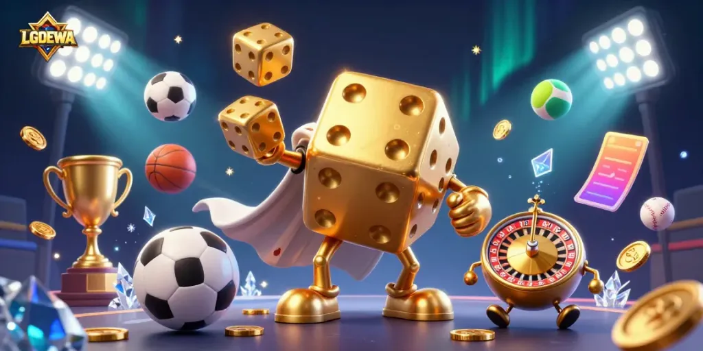 Engage with LGODEWA's vibrant 3D casino illustration showcasing golden dice, sports balls, and dynamic elements.