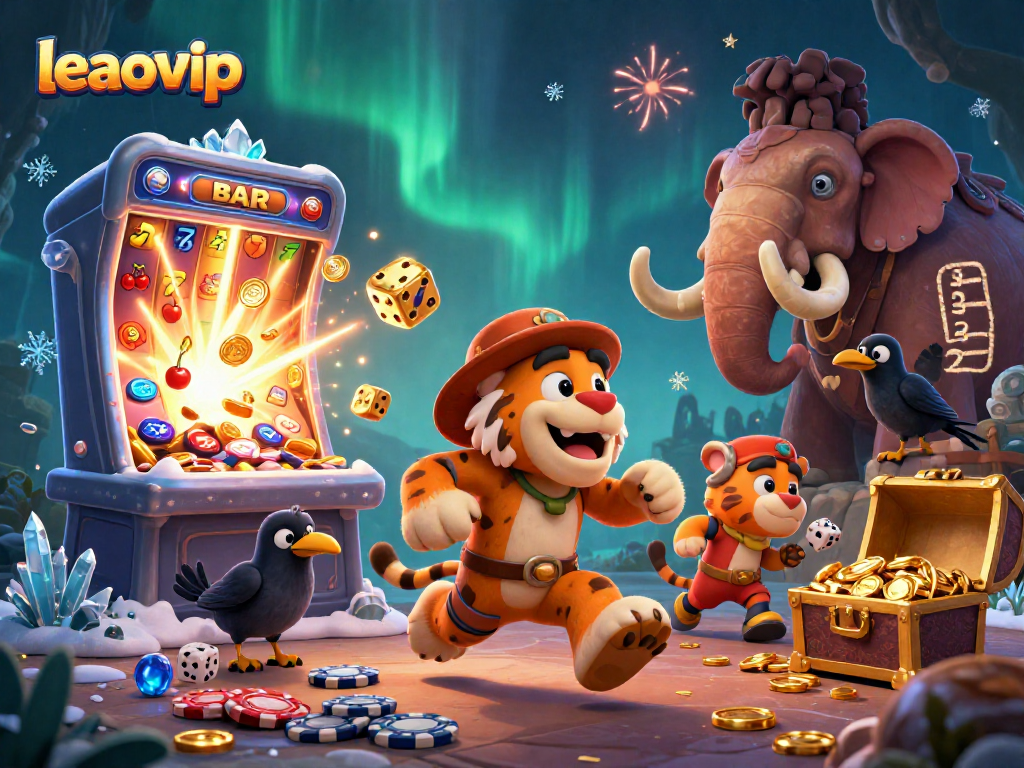 Engage with leaovip's dynamic prehistoric casino scene featuring vibrant characters and thrilling gaming elements.