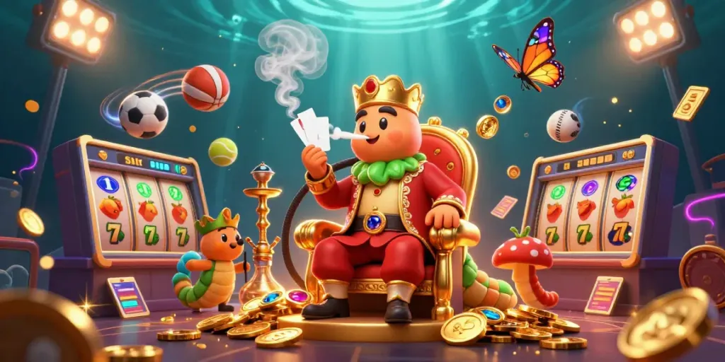 Slot menghidupkan suasana dengan elemen kasino yang kaya dalam ilustrasi 3D.