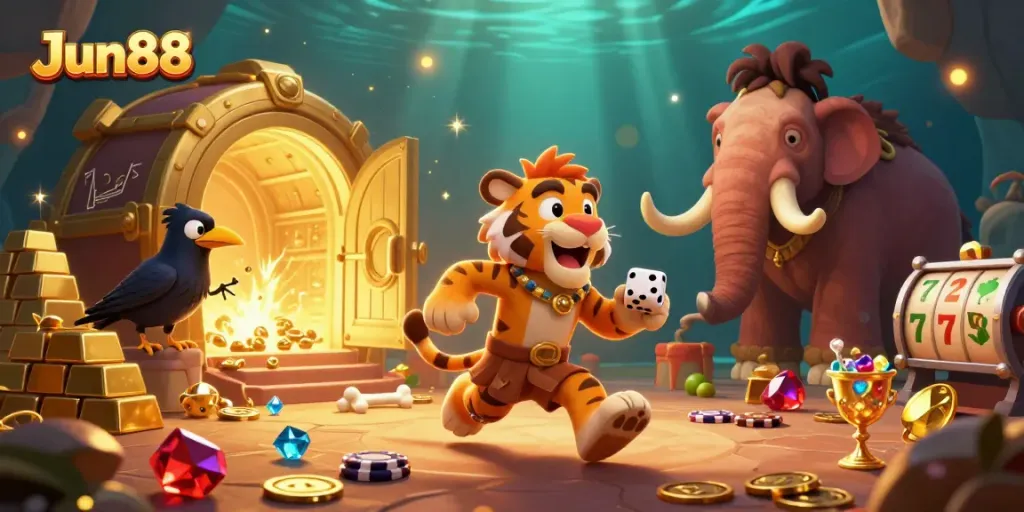 Experience the thrill of Jun88's casino with a vibrant prehistoric scene featuring colorful slot elements.