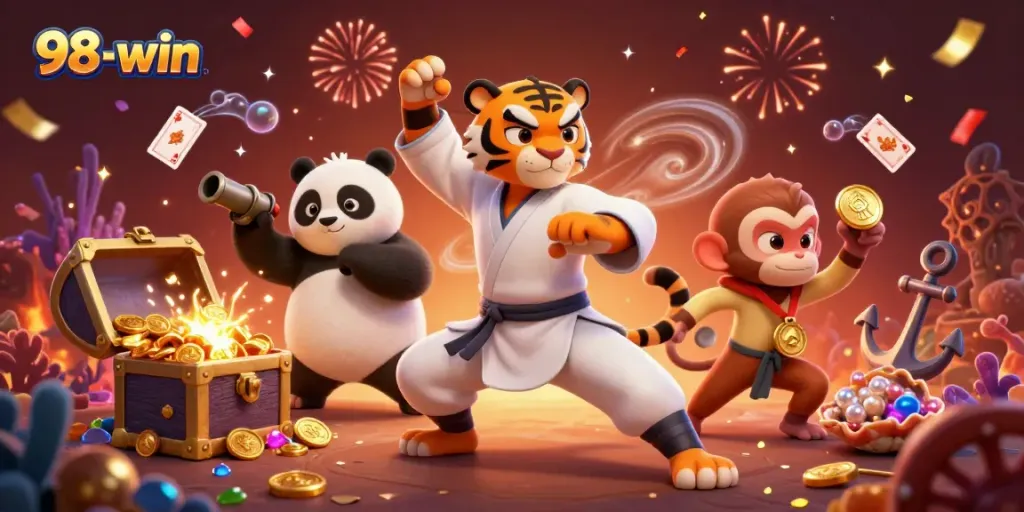 Experience exciting gameplay at 98-win with a dynamic 3D illustration of characters engaging in a thrilling casino scene.