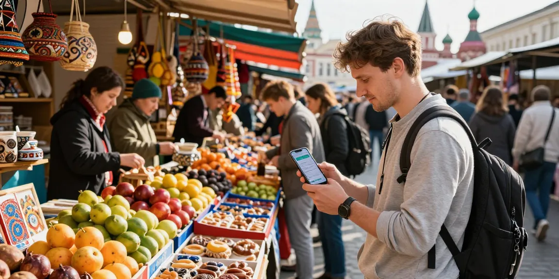 Pengunjung menggunakan aplikasi https://payinrussia.com/ di pasar lokal Rusia dengan makanan segar dan kerajinan tangan.