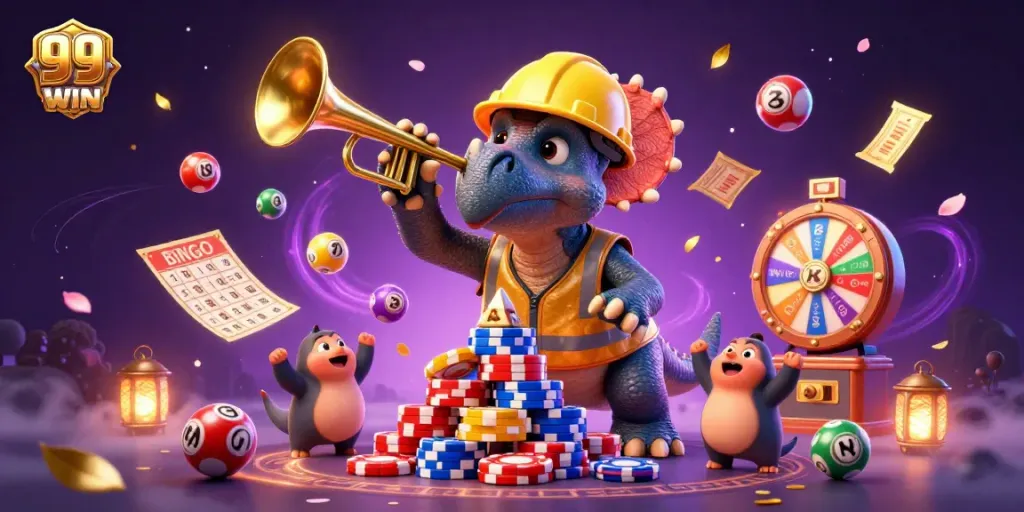 Experience vibrant gameplay action at 99WIN with triceratops and lottery elements in a colorful scene.