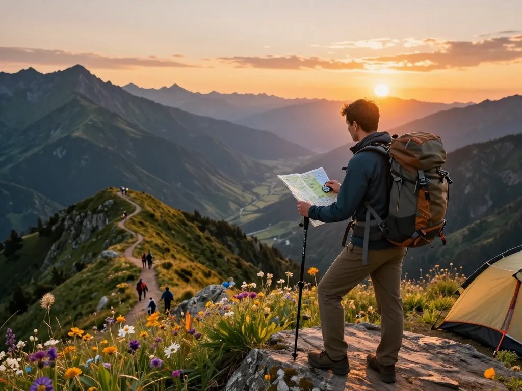 Hiker enjoying the stunning view at sunset, embodying the spirit of Fly88 adventures in the mountains.