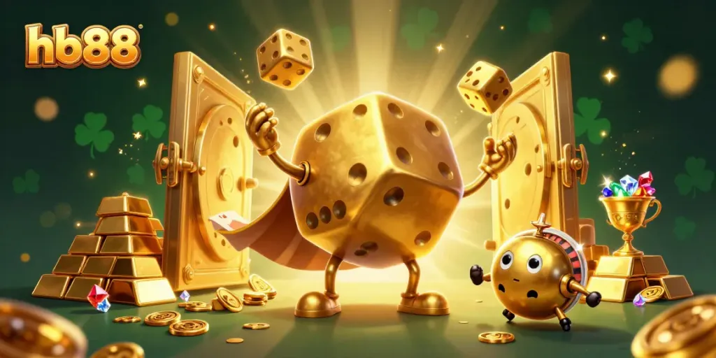 Engage in thrilling gameplay with hb88, represented by a golden dice golem and gold treasures amidst dazzling lights.