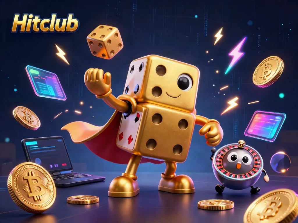 Experience thrilling gameplay at Hitclub with golden dice and crypto elements in a vibrant casino scene.