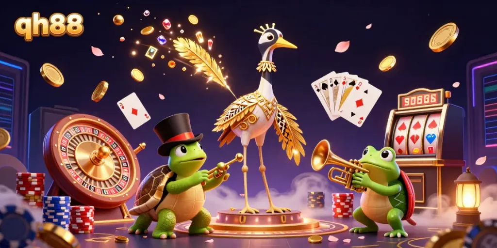 Experience the excitement of qh88 gaming with a dynamic illustration of cartoon characters amidst casino elements.