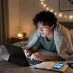 Youth engaging in AI sexting on a tablet in a cozy bedroom.