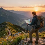 Hiker enjoying the stunning view at sunset, embodying the spirit of Fly88 adventures in the mountains.