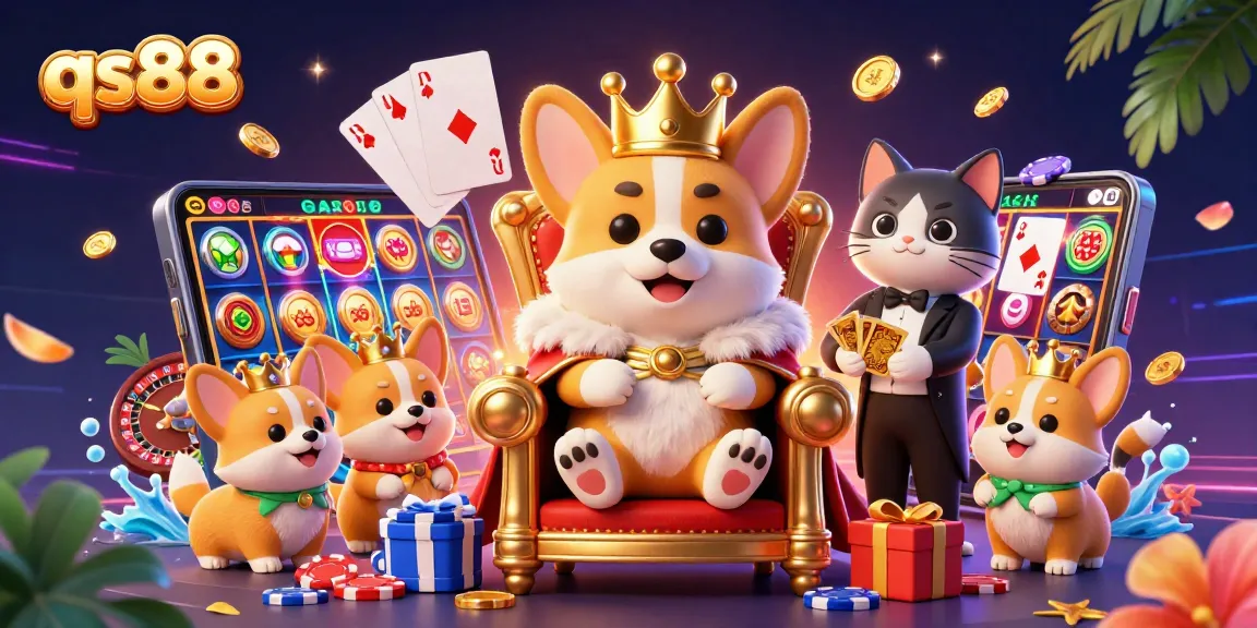 Join the excitement at qs88 with a royal corgi, golden poker chips, and vibrant slot game action.