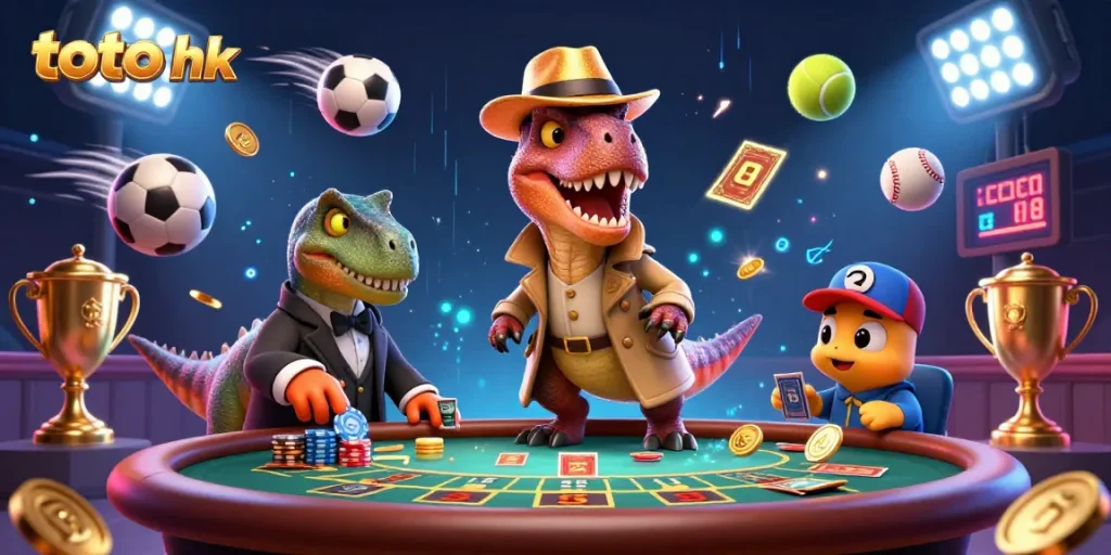 Melihat strategi permainan toto hk di meja blackjack dengan dinosaurus sebagai dealer.