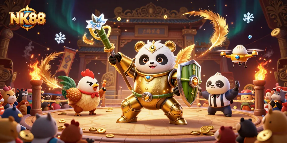 Engage in thrilling chicken fighting at NK88 with golden panda and dynamic betting atmosphere.