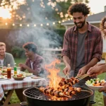 Suasana BBQ ramai dengan teman-teman menikmati hidangan BOS88 di halaman belakang