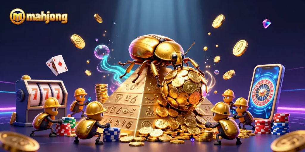 Experience mahjong excitement with a golden dung beetle rolling coins in a vibrant casino scene.