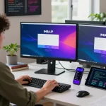Pengembang menggunakan IMBAJP LOGIN di ruang kerja modern dengan layar monitor dan gadget teknologi.