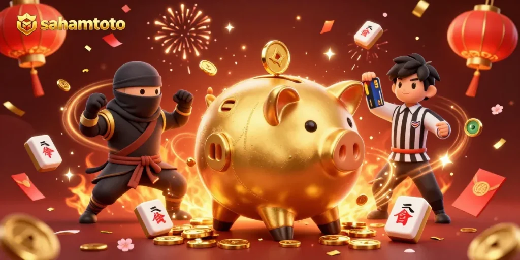 Gambarkan sukacita kemenangan sahamtoto saat piggy bank emas berdansa dengan koin bintang berkilau.