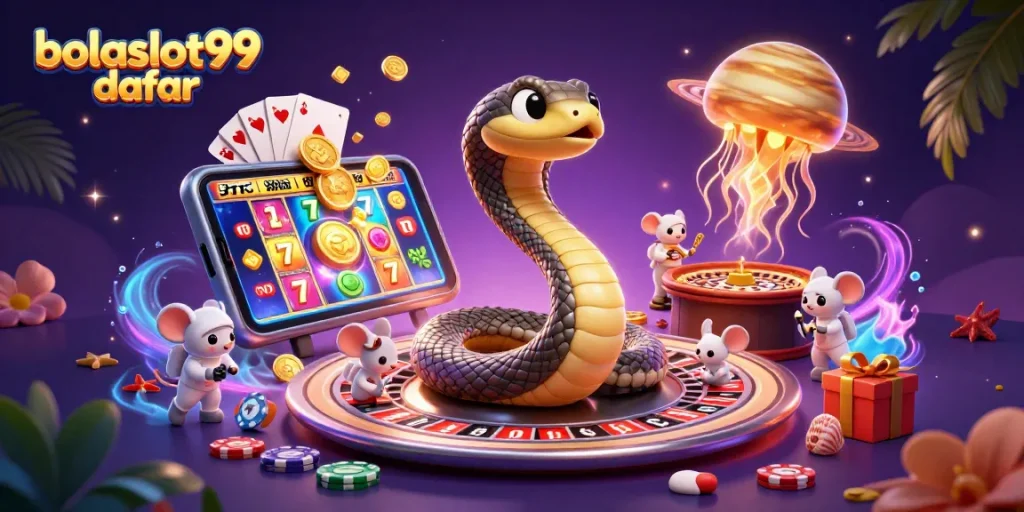 Bets placed on a cosmic roulette scene featuring bolaslot99 daftar with a 3D Saturn snake and golden jellyfish dealer.
