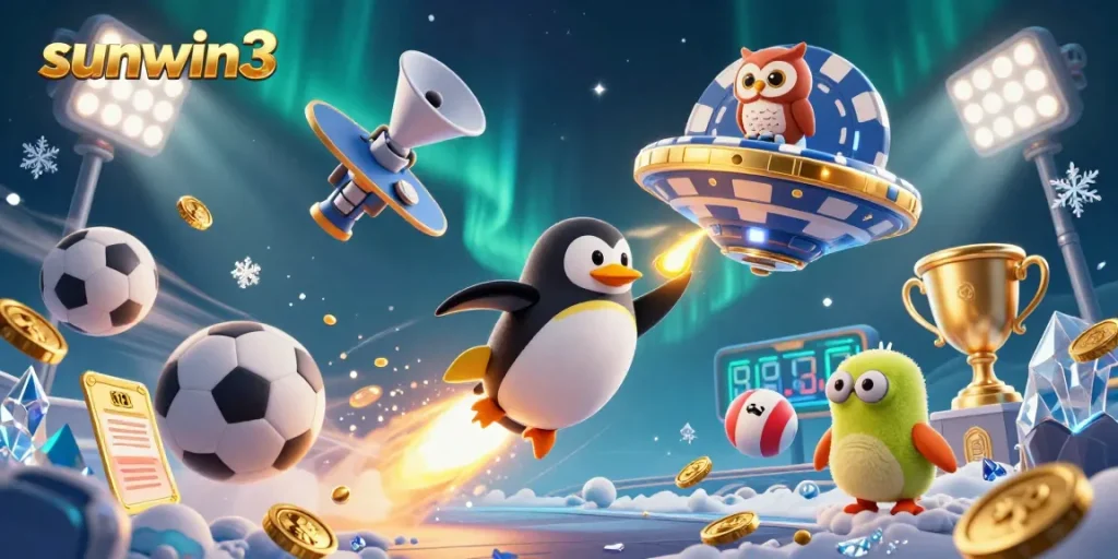 Experience thrilling gaming with sunwin3 as a golden penguin and casino elements soar through space.