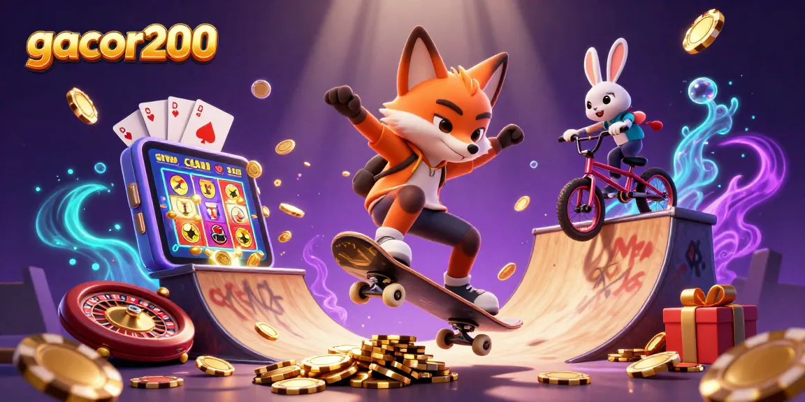 Gacor200 menampilkan aksi skateboarder fox dan kelinci BMX di dunia kasino digital.