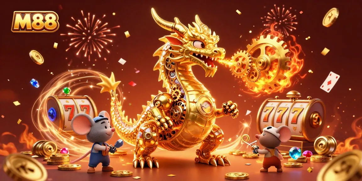 M88 offers exhilarating gaming experiences with slot reels, golden coins, and vibrant playing cards.