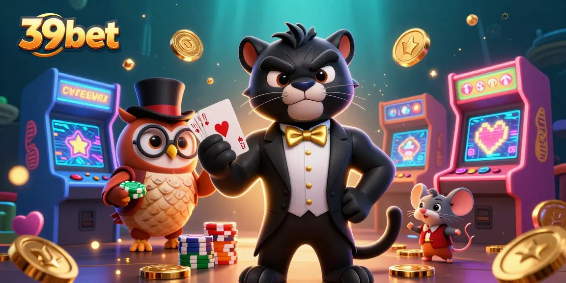 Engage with 39bet and explore a vibrant casino scene featuring dynamic characters and arcade elements.