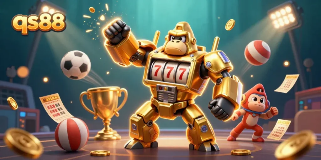 Experience thrilling gameplay at qs88 with a dynamic golden gorilla mech and vibrant sports elements.