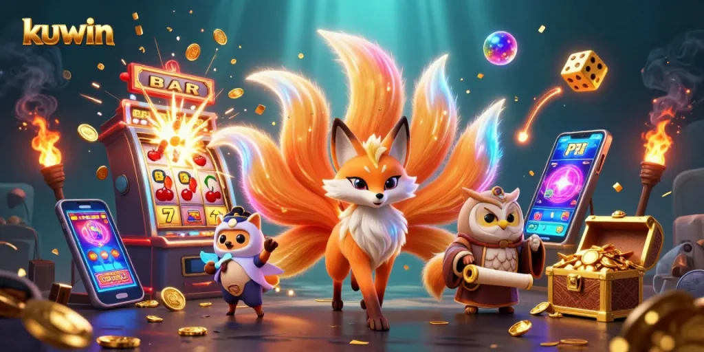 Kuwin engages players with a dazzling mix of characters and casino-themed visuals, featuring a glowing fox and owl amidst slot machines.