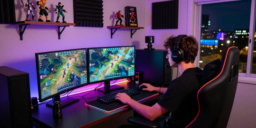 การเล่นเกมออนไลน์กับ playme8 direct web โดยมีผู้เล่นนั่งที่โต๊ะเกมที่ทันสมัย